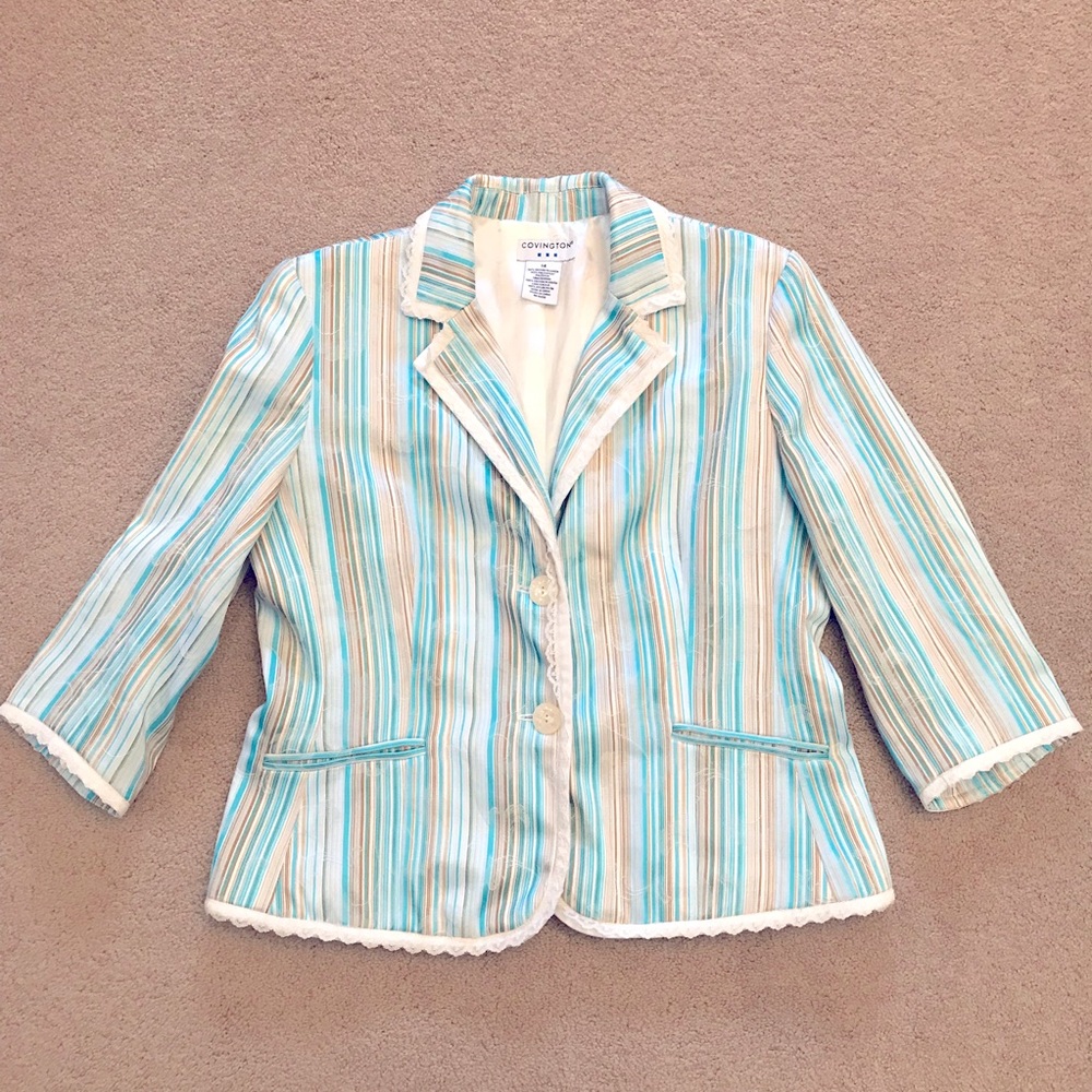 Covington Womens Blazer Jacket Size 14 Large Blue White Floral Stripe Lace Trim